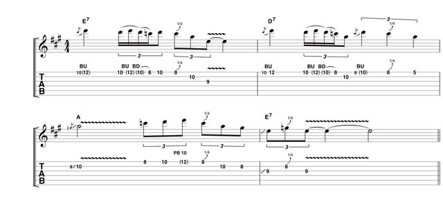 Like Example 5, this phrase is designed to wind up a solo. Letting rip with some flashy pentatonic runs to start, it shifts to a slower triplet feel to lead back into the vocal, or perhaps another 12 bars
